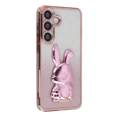 For Samsung Galaxy S24 FE Case Electroplating Glitter Rabbit PC + TPU Phone Cover with Kickstand - Pink