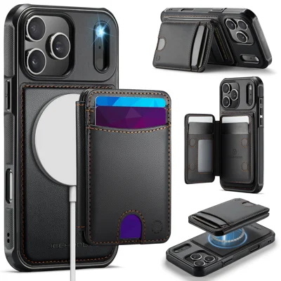 JEEHOOD J10 til iPhone 17 Pro Etui med aftageligt kortindlæg og kickstand, kompatibel med MagSafe, læderbagdæksel til telefon - Sort