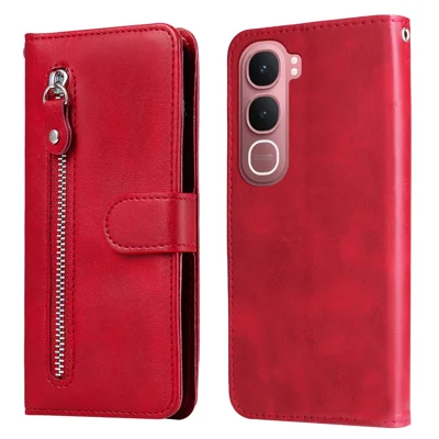 For vivo Y21d / vivo Y31 5G PU Leather Cases with Zipper Pocket Wallet Phone Cover Stand - Red