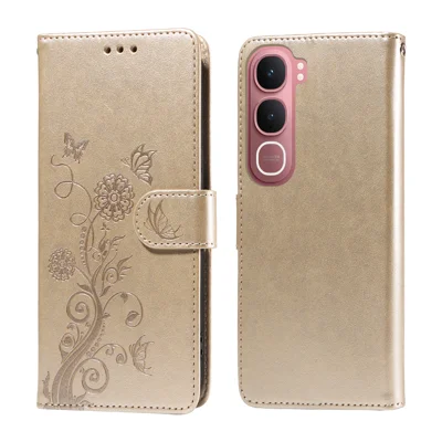 For vivo Y21d / vivo Y31 5G Leather Case Butterfly Floral Imprint Wallet Stand Cover - Golden