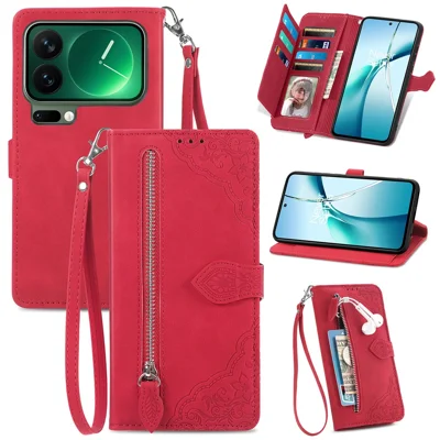 Voor Xiaomi 17 Pro Zipper Wallet Case met Strap Flower Imprint PU Leather Telefoonhoes - Rood