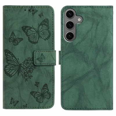 Voor Samsung Galaxy S25 Leren Hoesje met Gespierde Vlinderbloem Portemonnee Stand Flip Telefoonhoesje met Polsbandje - Groen