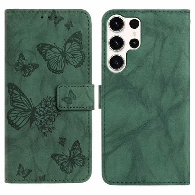 Per Samsung Galaxy S25 Ultra Custodia in Pelle Farfalla Fiore Impresso Portafoglio Stand Flip Cover per Telefono con Cinturino da Polso - Verde