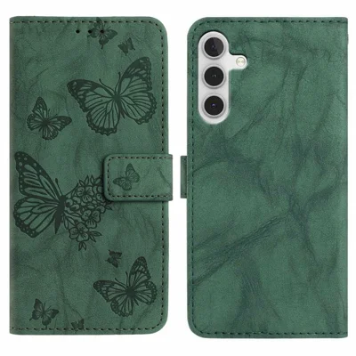 For Samsung Galaxy A16 5G  /  4G Leather Case Butterfly Flower Imprinted Wallet Stand Flip Phone Cover with Wrist Strap - Green
