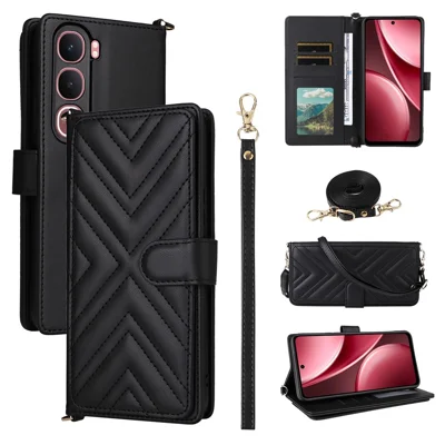 For vivo Y31 5G / Y21d Leather Case Stand Wallet Phone Cover with Shoulder  /  Wrist Strap - Black