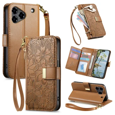 For ZTE Blade A76 4G Case Floral Leaf Pattern Multi Card Slots Zipper Leather Phone Cover with Wrist Strap - Brown