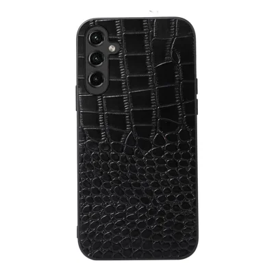For Samsung Galaxy A14 5G / 4G Crocodile Texture Phone Case Shock Absorbing Genuine Cowhide Leather Coated PC+TPU Cover - Black