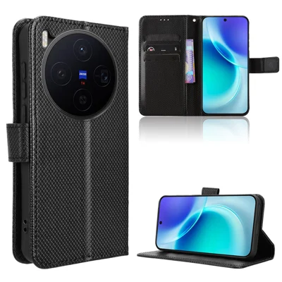 Vivo X300 5G Leder-Geldbörsen-Hülle mit Riemen und Diamantstruktur-Handyhülle - Schwarz