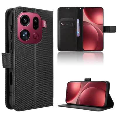 Leer hoesje voor Oppo Find X9 Pro 5G met riem en diamantstructuur - Zwart