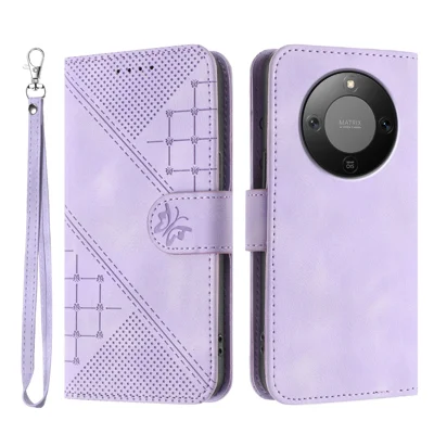 Cover a portafoglio in pelle per Honor X9d 5G / Honor X70 5G con farfalla e fiore stampati, con cinturino - Viola