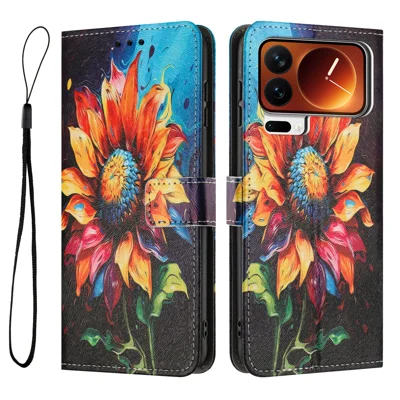 For Xiaomi 17 Pro Wallet Case Pattern Printing PU Leather Phone Cover with Lanyard - Sunflower