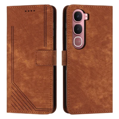For vivo Y21d / vivo Y31 5G Stand Case Imprinted Lines Leather Phone Cover - Brown