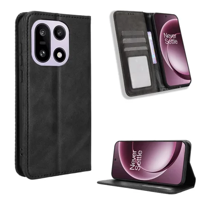 For OnePlus 15 5G Leather Case Wallet Stand Retro Texture Phone Cover - Black