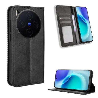 Für vivo X300 5G Lederetui Geldbörse Ständer Retro Textur Handyhülle - Schwarz