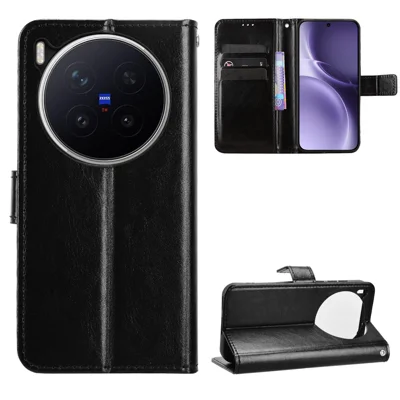 For vivo X300 Pro 5G PU Leather Case with Strap Crazy Horse Texture Phone Wallet Cover - Black