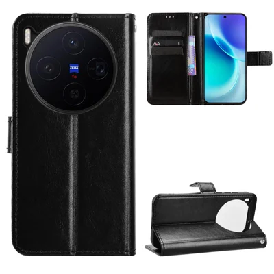 Vivo X300 5G PU-Lederetui mit Riemen Crazy Horse Textur Handy-Brieftasche Hülle - Schwarz