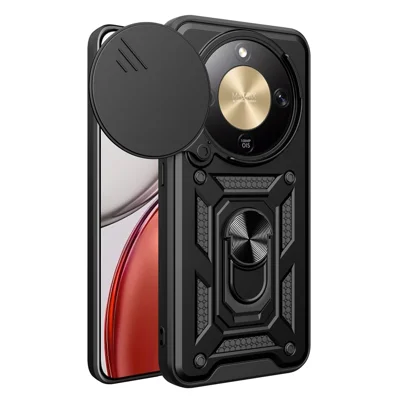 For Honor Magic8 Lite 5G / X9d 5G / X70 5G Case with Slide Camera Lid PC + TPU Kickstand Phone Cover - Black
