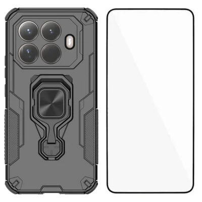 Xiaomi 15T Pro Handyhülle WANLONFENG PC TPU Rückseite mit Ständer und gehärtetem Glas - Schwarz