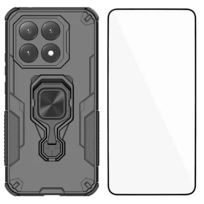 Xiaomi 15T Handyhülle WANLONFENG PC TPU Rückseite Ständer mit gehärtetem Glas - Schwarz