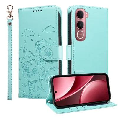 For vivo Y21d / vivo Y31 5G Case RFID Blocking Imprinted Dog Pattern PU Leather Phone Cover with Wrist Strap - Green