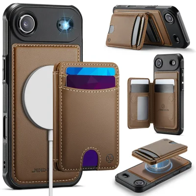 iPhone Air Case JEEHOOD J10 Kompatibel mit MagSafe Leder Rückseite Handyhülle mit abnehmbarem Kartenfach und Ständer - Braun