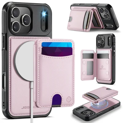 JEEHOOD J10 til iPhone 17 Pro Max etui med aftagelig kortbæreske med støttefod, kompatibel med MagSafe, læderbagdæksel til telefon - Pink