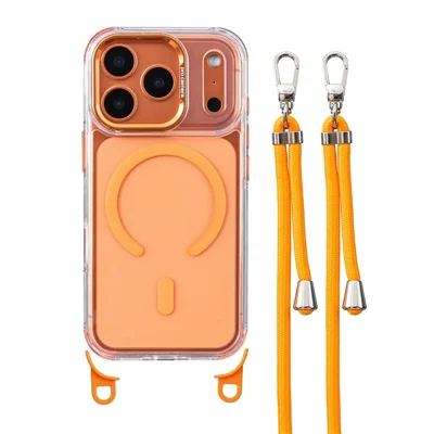 Transparante hoes voor iPhone 17 Pro Max, compatibel met MagSafe, stootvaste PC+TPU telefoonhoes met lange lanyard - Oranje