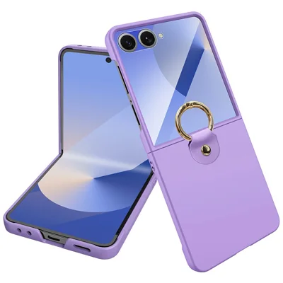 For Samsung Galaxy Z Flip7 5G Case Skin-Touch Ring Holder Kickstand PC Phone Cover with Rear Screen Film - Purple