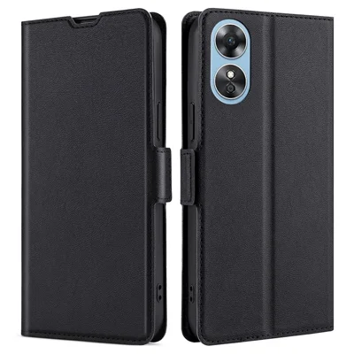 Coque pour téléphone Oppo A17 4G avec support et fente pour carte, étui en cuir PU résistant à l'usure - Noir