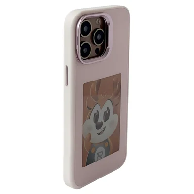 For iPhone 14 Pro Max Smart E-Ink Magnetic Case Lens Kickstand 4 Color HD 4 inch Display NFC DIY Customized Screen - Pink