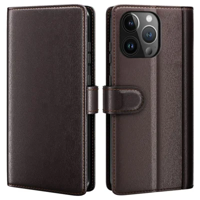 AMORUS For iPhone 13 Pro Max Stand Cases Calf Texture Genuine Split Leather Wallet Phone Cover - Brown