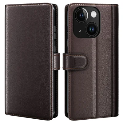 AMORUS For iPhone 13 Stand Cases Calf Texture Genuine Split Leather Wallet Phone Cover - Brown
