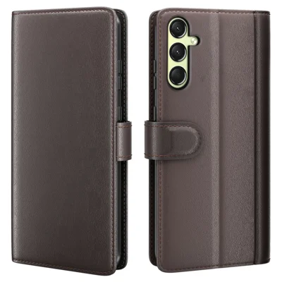 AMORUS For Samsung Galaxy A16 5G / 4G Stand Cases Calf Texture Genuine Split Leather Wallet Phone Cover - Brown