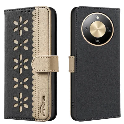 Capa de Couro Para Honor X9d 5G BINFEN COLOR BF36 Padrão Floral Capa de Telefone Bloqueio RFID Suporte de Carteira - Preto