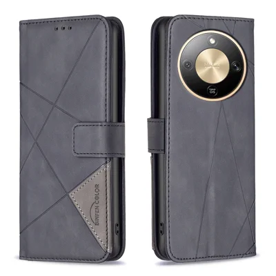 BINFEN COLOR For Honor Magic8 Lite 5G / X9d 5G / X70 5G Phone Case  Wallet Stand Geometry Imprinted Leather Cover - Black