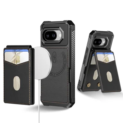 For Google Pixel 9a Magnetic Case Detachable Card Slot Kickstand Leather + TPU Phone Cover - Black
