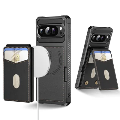 For Google Pixel 9 Pro XL Magnetic Case Detachable Card Slot Kickstand Leather + TPU Phone Cover - Black