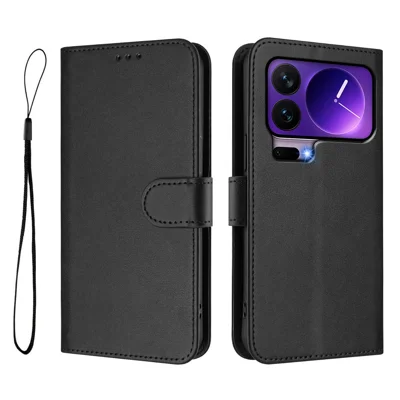 Capa carteira RFID Blocking Calf Texture Leather Stand Phone Cover com alça - Preto para Xiaomi 17 Pro