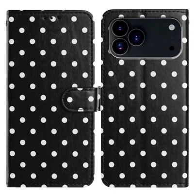 For iPhone 17 Pro Leather Case Polka Dot Pattern Wallet Stand Folio Telefoonhoes - Zwart