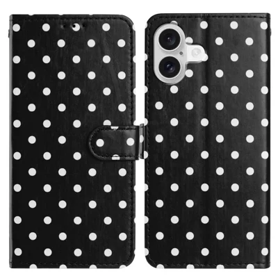 Für iPhone 16 Lederhülle Polka Dot Muster Geldbörse Stand Folio Handyhülle - Schwarz
