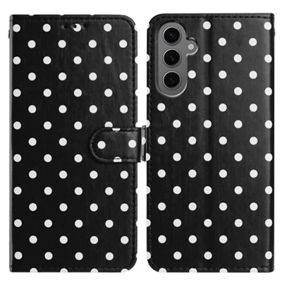 Voor Samsung Galaxy S25 Leren Hoesje met Stippenpatroon Portemonnee Stand Folio Telefoonhoes - Zwart