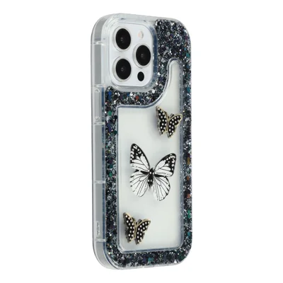 For iPhone 13 Pro Case DIY Butterfly Glitter Epoxy Soft TPU Phone Back Cover - Black