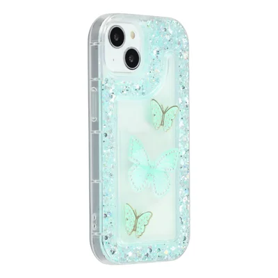 For iPhone 13 Case DIY Butterfly Glitter Epoxy Soft TPU Phone Back Cover - Green