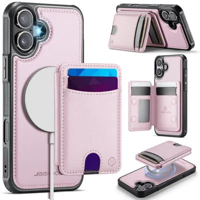 For iPhone 16 Plus Case JEEHOOD J10 Kompatibel med MagSafe Læder Bagdæksel med Aftagelig Kortholder og Støtteben - Pink