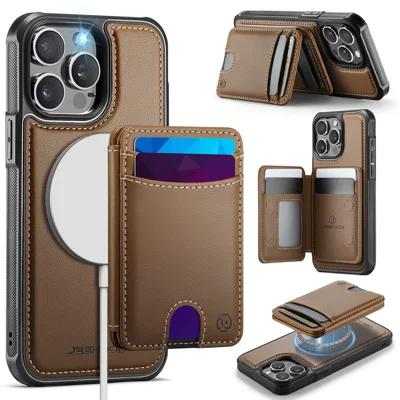 JEEHOOD For iPhone 15 Pro Case  J10  Compatible with MagSafe Leather Back Phone Cover with Detachable Card Holder Kickstand - Brown