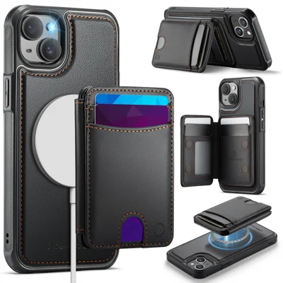 Coque iPhone 13 6,1 pouces JEEHOOD J10 Compatible avec MagSafe Étui en cuir avec porte-cartes amovible et support - Noir