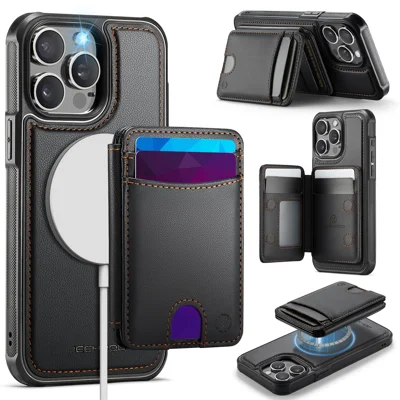 JEEHOOD For iPhone 12 Pro Max 6.7 inch Case  J10  Compatible with MagSafe Leather Back Phone Cover with Detachable Card Holder Kickstand - Black