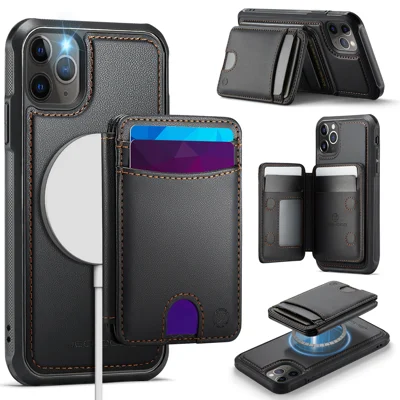 JEEHOOD For iPhone 11 Pro Max Case  J10  Compatible with MagSafe Leather Back Phone Cover with Detachable Card Holder Kickstand - Black