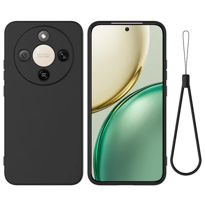 For Honor Magic8 Lite 5G / X9d 5G / X70 5G Liquid Silicone Case Phone Back Cover with Hand Strap - Black