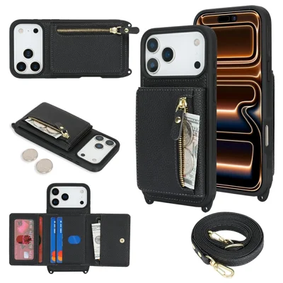 For iPhone 17 Pro Max Case Card Bag Ring Holder Litchi Texture Leather+TPU Phone Cover with Long Strap - Zwart